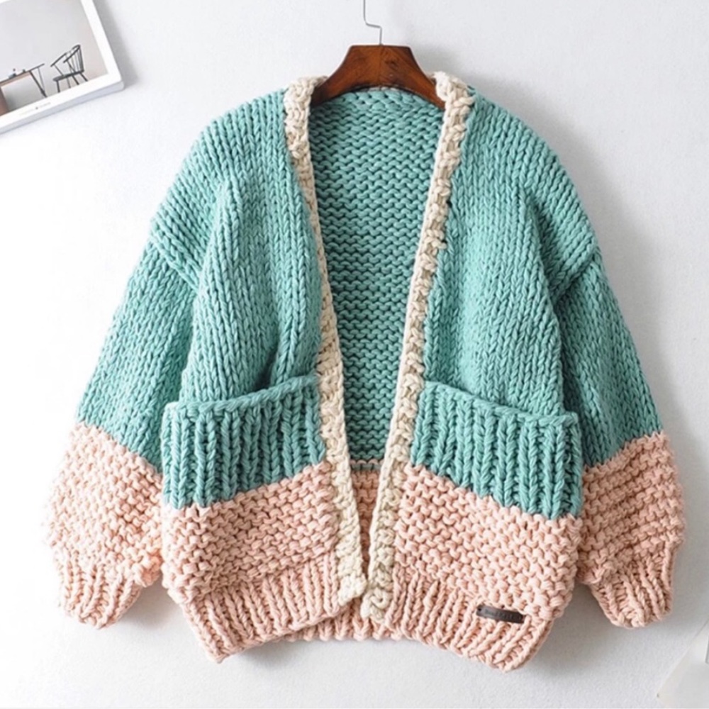 Cardigan sweater boho knit puff sleeve thick chic chunky green pink - Picture 1 of 14